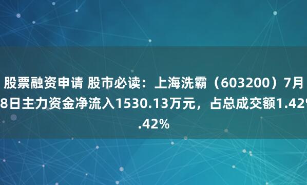 股票融资申请 股市必读：上海洗霸（603200）7月28日主力资金净流入1530.13万元，占总成交额1.42%
