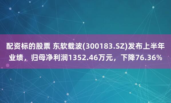 配资标的股票 东软载波(300183.SZ)发布上半年业绩，归母净利润1352.46万元，下降76.36%