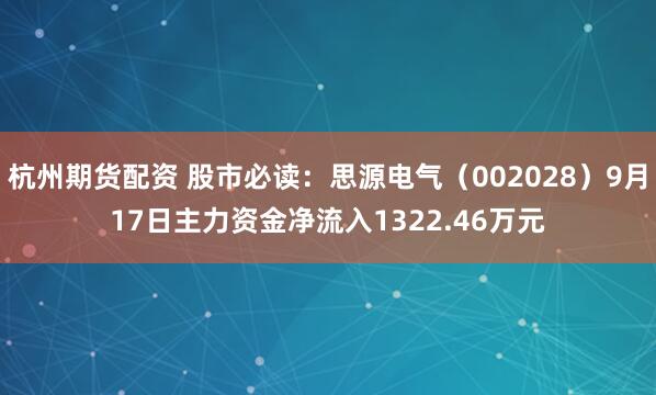杭州期货配资 股市必读：思源电气（002028）9月17日主力资金净流入1322.46万元